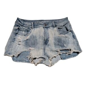 American Eagle Womens 12 HiRise Denim Shorts Blue Bleach Wash Distress Destroyed